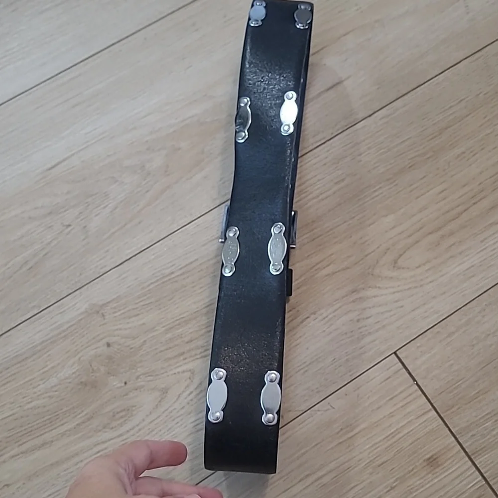 Analine Kipskin Black Leather Belt with Silver Accents 36